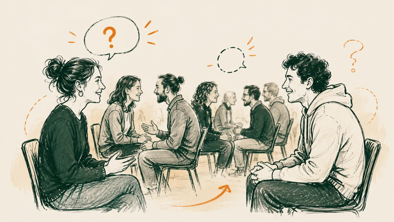 Illustration: Zwei Stuhlreihen sitzen sich gegenüber, die Menschen darauf im Gespräch, über ihnen Sprechblasen mit Fragezeichen.